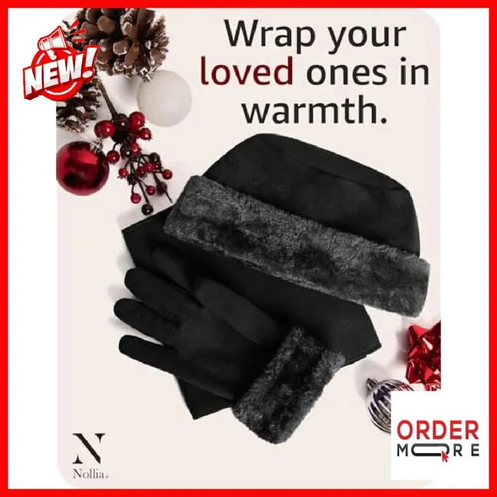 Women's Fleece Winter Hat & Glove Set - Warm Plush Fur Trim